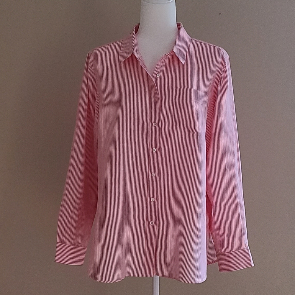 LLBean Womens Linen Pink Striped Button Down Long Sleeve Shirt Size PL